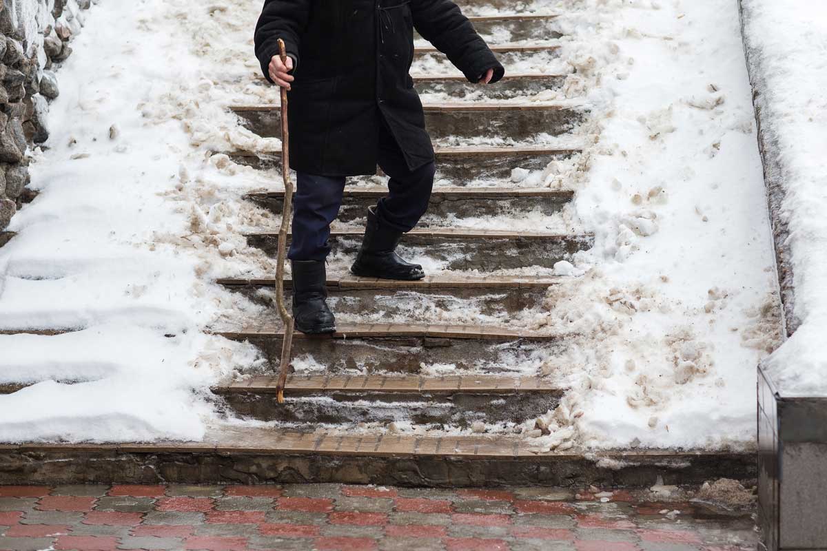 Icy stairs are extremely dangerous for senior citizens.