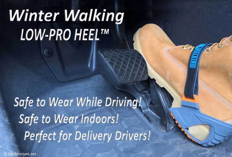 Delivery Driver Safely Driving Using LOW-PRO HEEL Ice Cleats